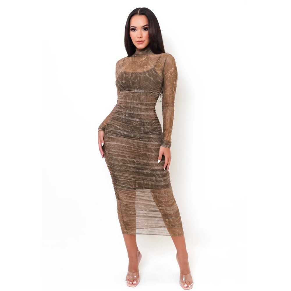 Printed Ruched Mesh Dress